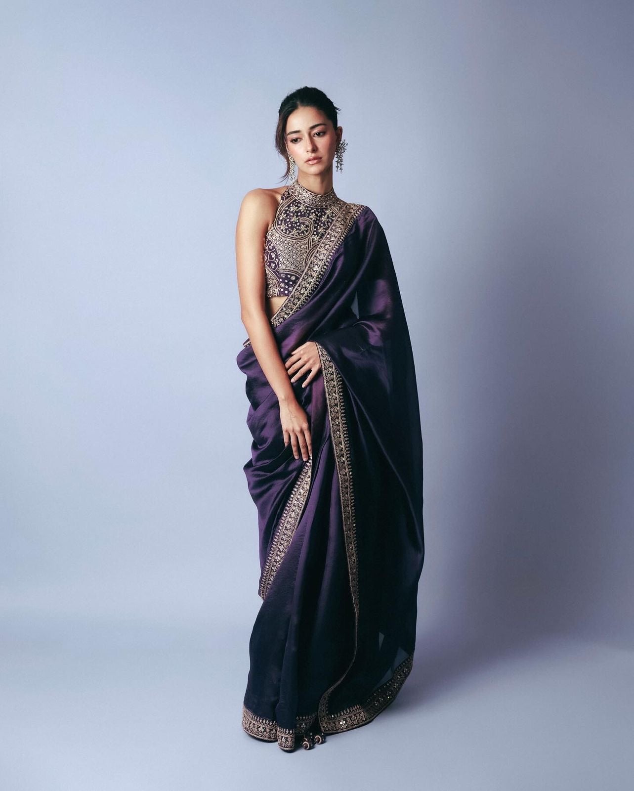 Ananya Pandey Starring Purple Worked Blouse & Sari Luxurious Feels To Wear