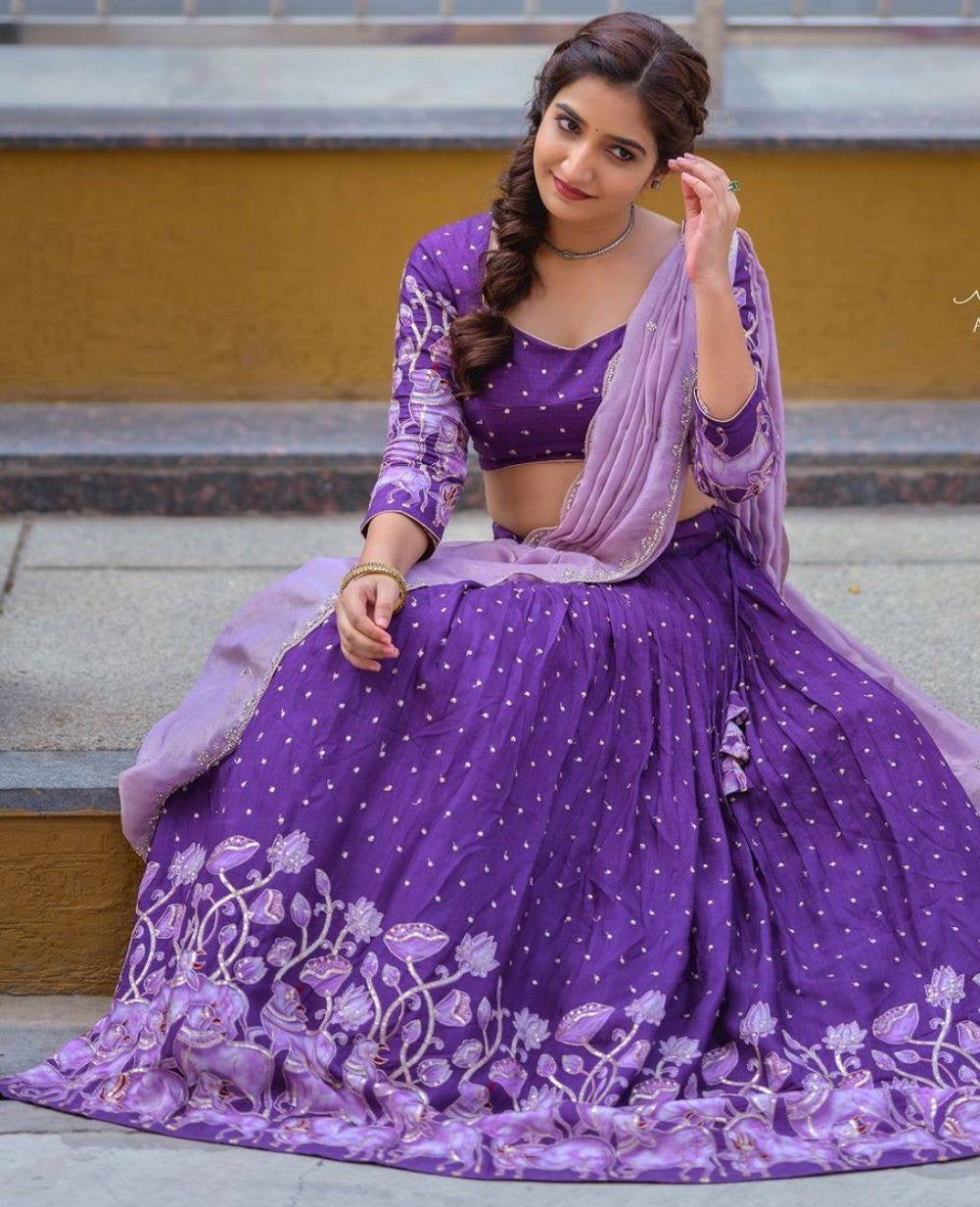 Pure Cotton Deep Purple Multi Kalamkari Print Heavy Functions Lehenga Choli