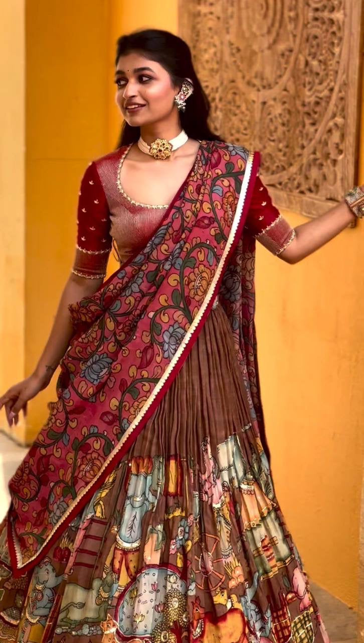 Chocolate Brown Kalamkari Print With Little Embroidery Works Lehenga Choli