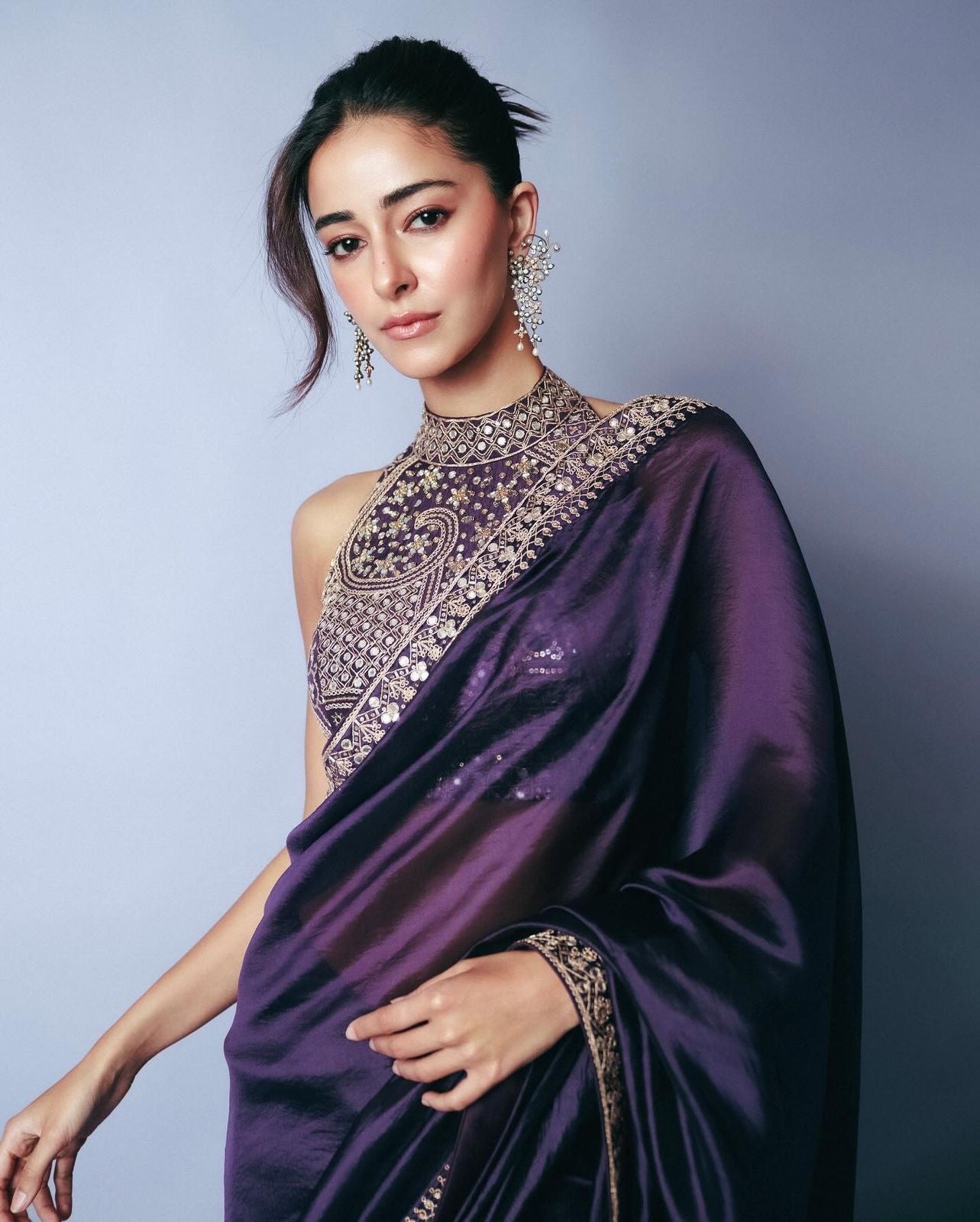 Ananya Pandey Starring Purple Worked Blouse & Sari Luxurious Feels To Wear