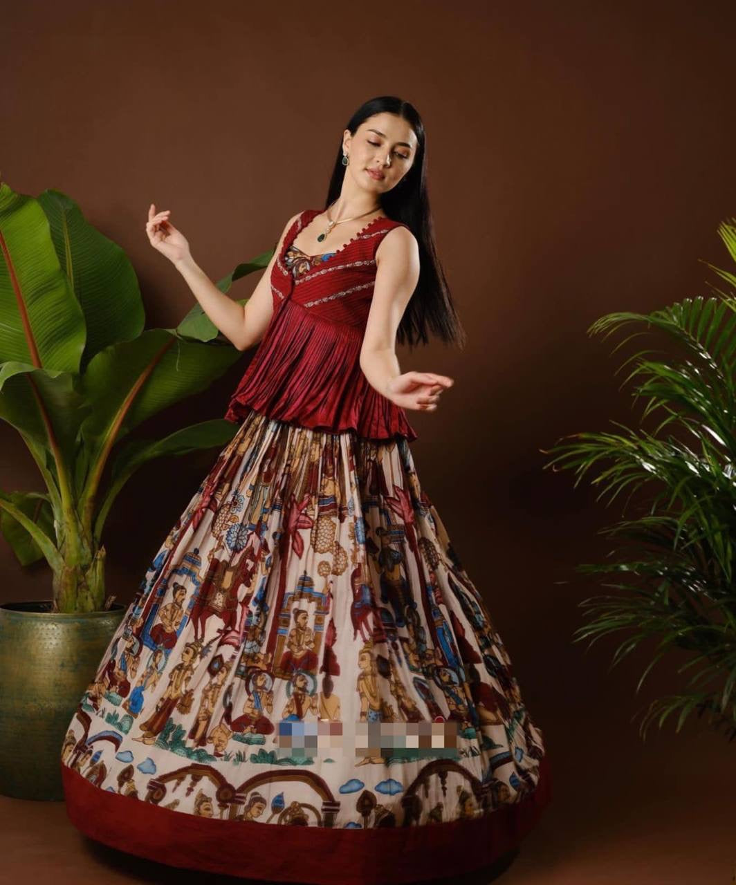Maroon Multi Kalamkari Print Festival Stunning Lehenga Choli Shrug