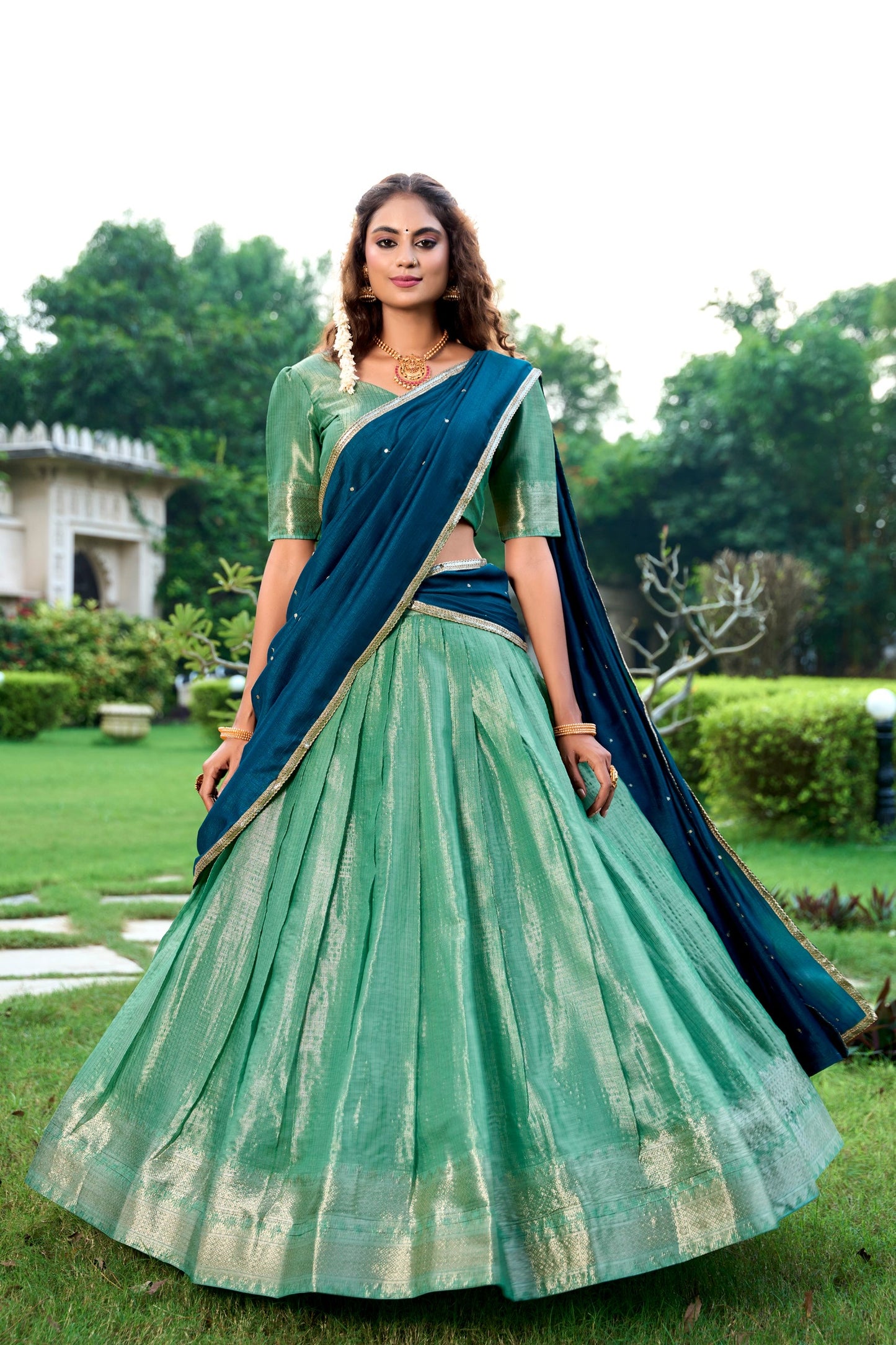 Introducing the exquisite Shivtraa Lehenga Collection, featuring the finest Kanchipuram weave beautifully styled for any festive occasion.