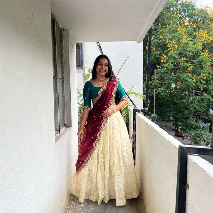 Shivtraa Designs Pvt Ltd has launched a new Tissue Silk Half Saree lehenga Choli in South Indian style