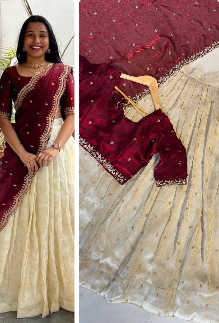 Shivtraa Designs Pvt Ltd has launched a new Tissue Silk Half Saree lehenga Choli in South Indian style