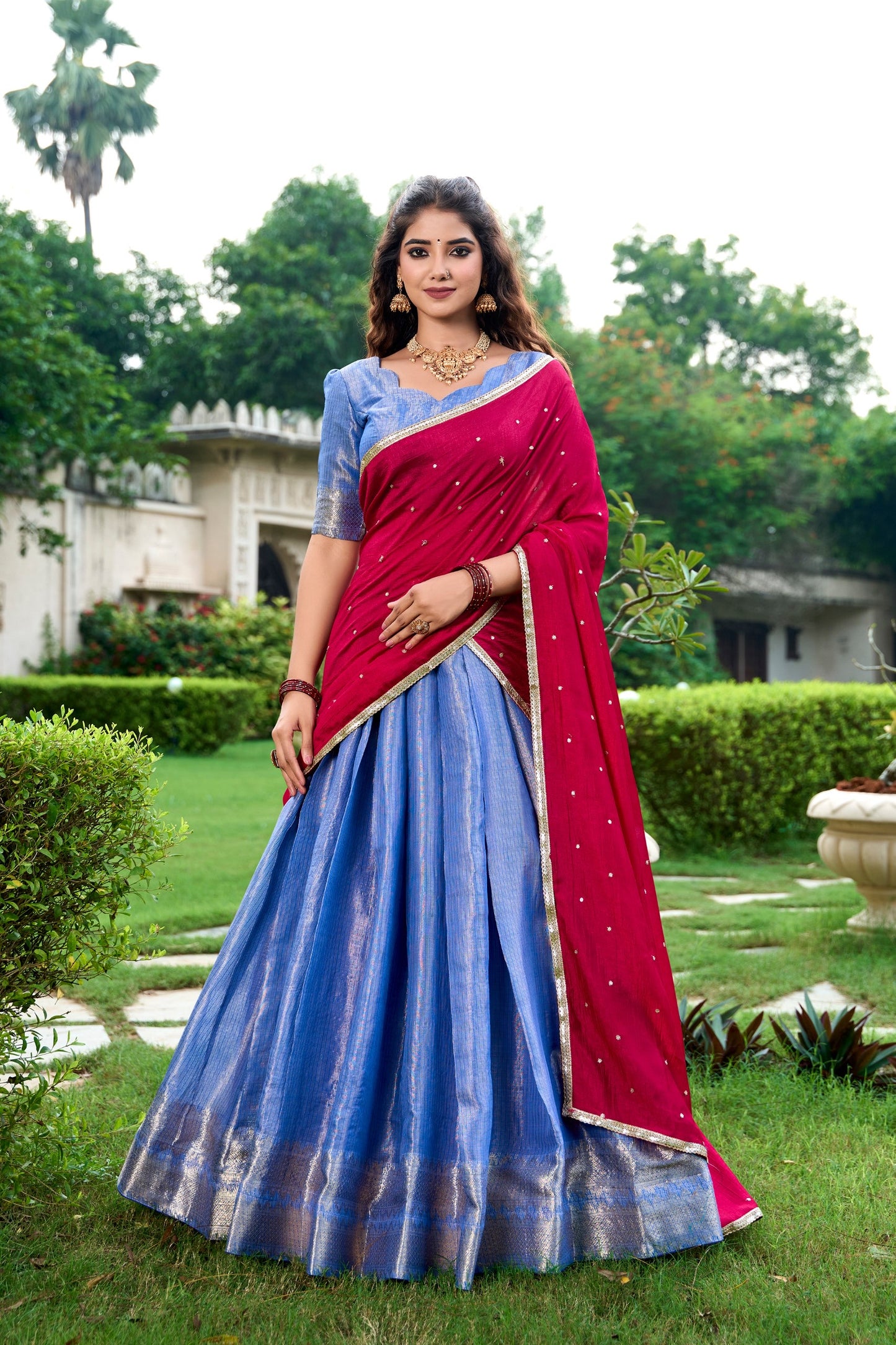 Introducing the exquisite Shivtraa Lehenga Collection, featuring the finest Kanchipuram weave beautifully styled for any festive occasion.