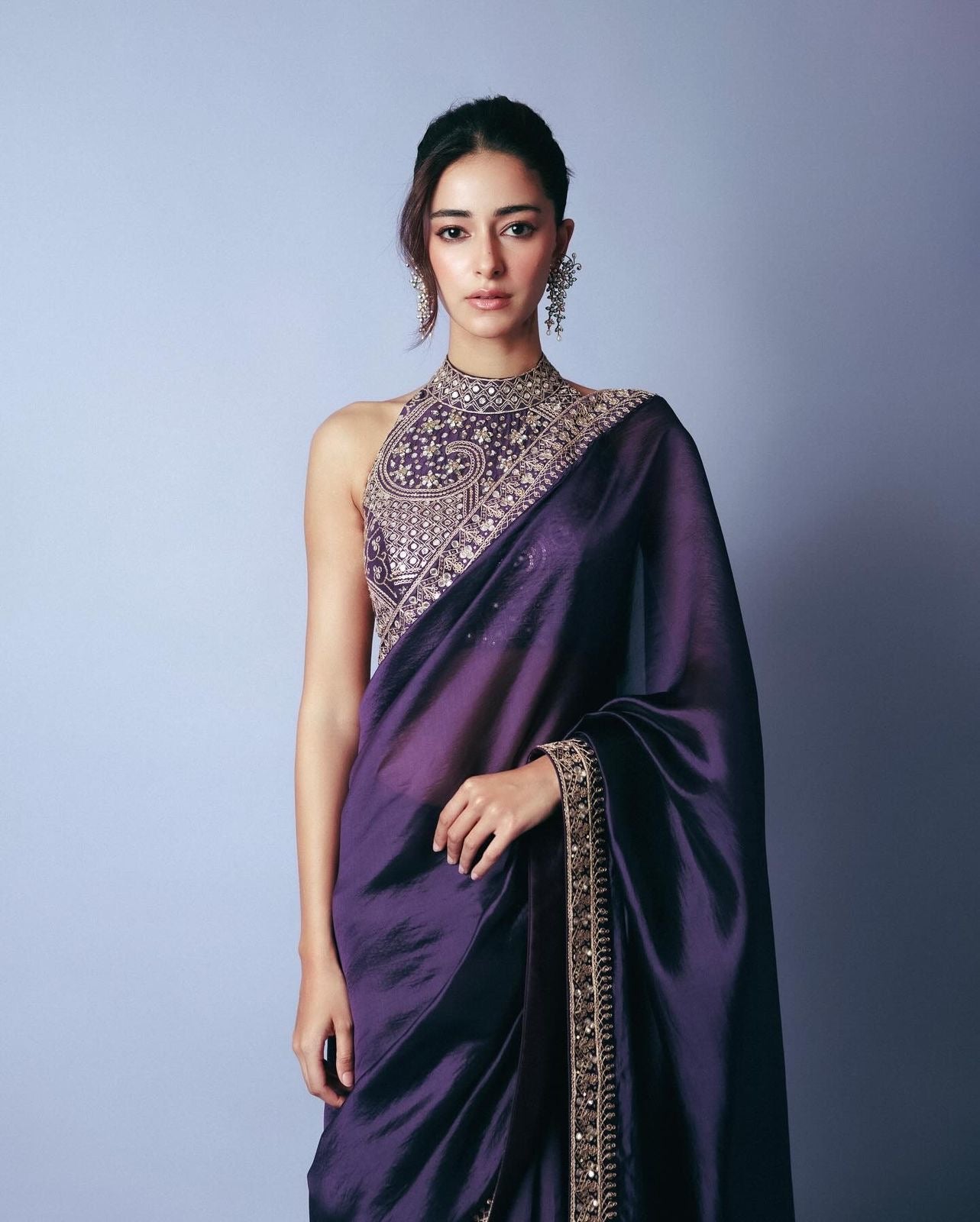 Ananya Pandey Starring Purple Worked Blouse & Sari Luxurious Feels To Wear