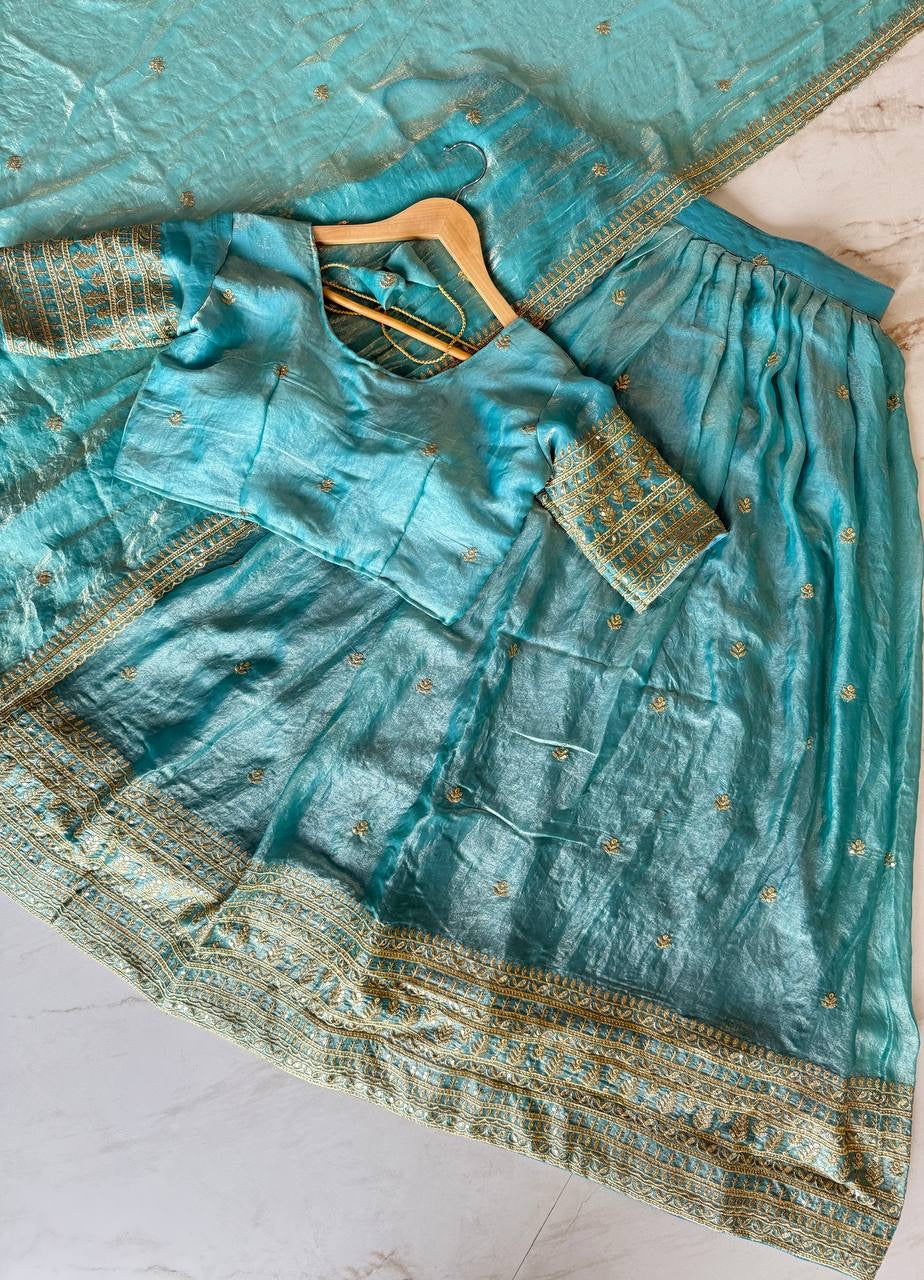 Shivtraa Designs Pvt Ltd has launched a new Tissue Silk Half Saree lehenga Choli in South Indian style