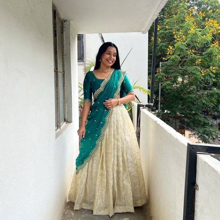 Shivtraa Designs Pvt Ltd has launched a new Tissue Silk Half Saree lehenga Choli in South Indian style