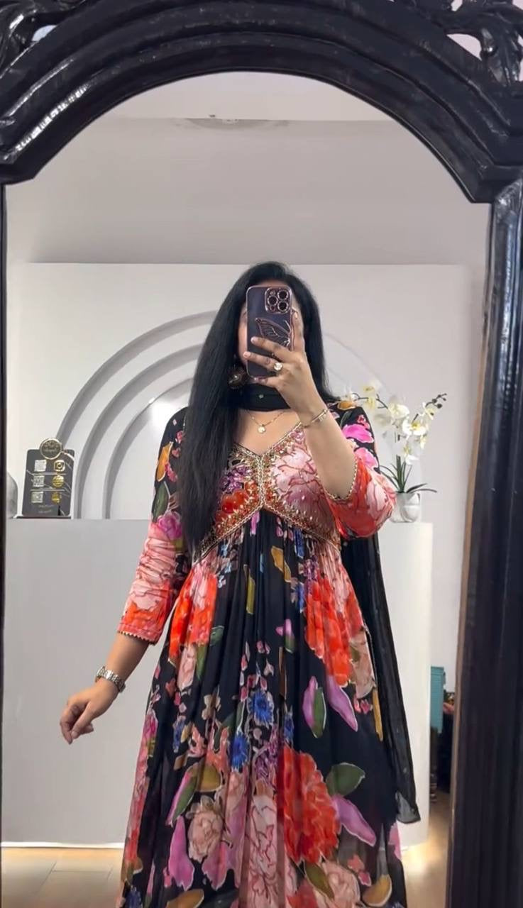 Floral Printed Embroidered Worked Designer Stunning Festival Gown