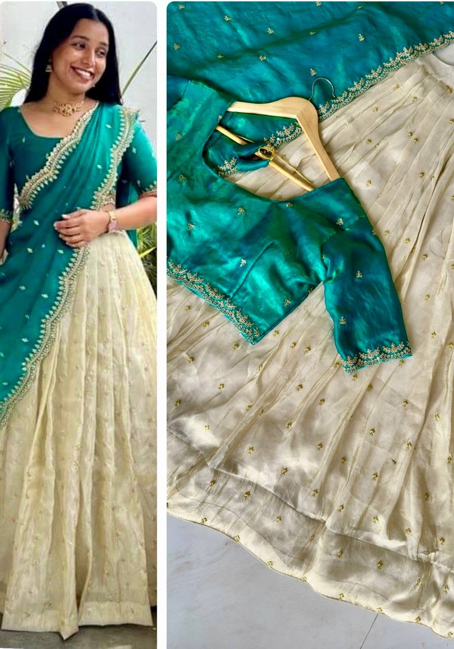 Shivtraa Designs Pvt Ltd has launched a new Tissue Silk Half Saree lehenga Choli in South Indian style