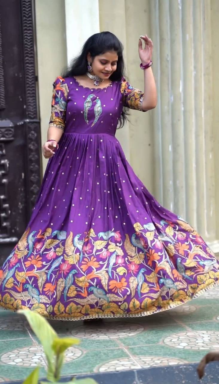 Purple Multi Kalamkari Print Festival Stunning Gown