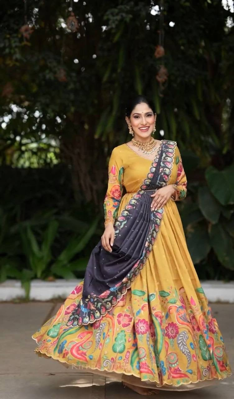 Yellow Multi Kalamkari Print Festival Stunning Gown