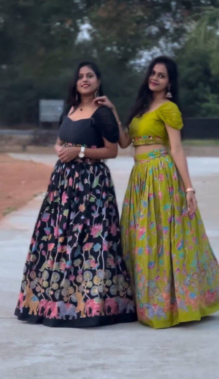 Parrot and Black Multi Kalamkari Print Festival Stunning Crop Top