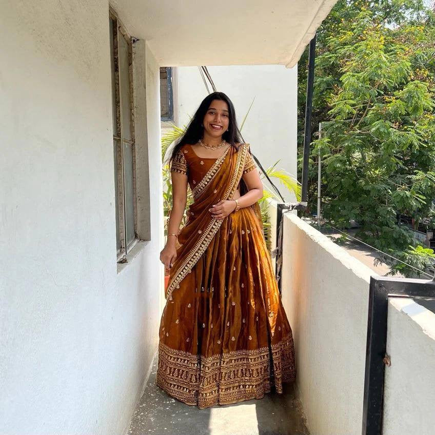 Shivtraa Designs Pvt Ltd has launched a new Tissue Silk Half Saree lehenga Choli in South Indian style