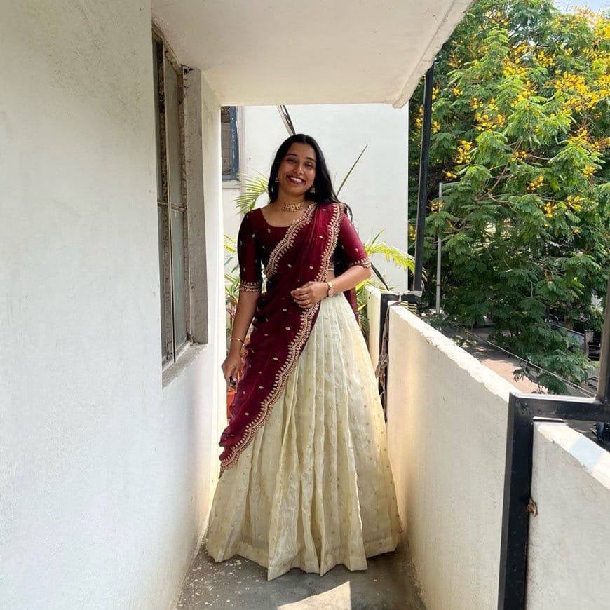 Shivtraa Designs Pvt Ltd has launched a new Tissue Silk Half Saree lehenga Choli in South Indian style