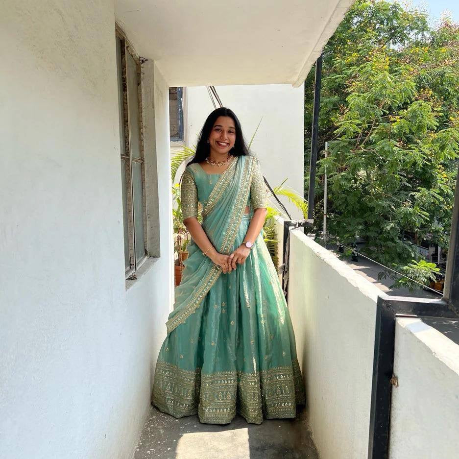 Shivtraa Designs Pvt Ltd has launched a new Tissue Silk Half Saree lehenga Choli in South Indian style