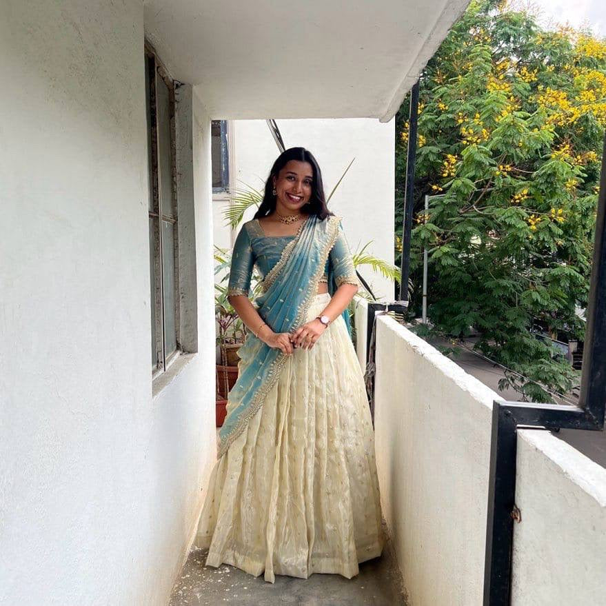Shivtraa Designs Pvt Ltd has launched a new Tissue Silk Half Saree lehenga Choli in South Indian style