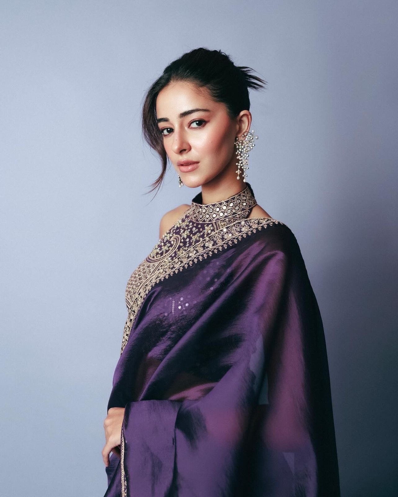 Ananya Pandey Starring Purple Worked Blouse & Sari Luxurious Feels To Wear
