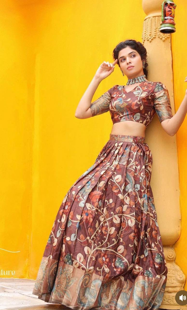 Chocolate Brown Wid Multi Kalamkari Print Lehenga Choli