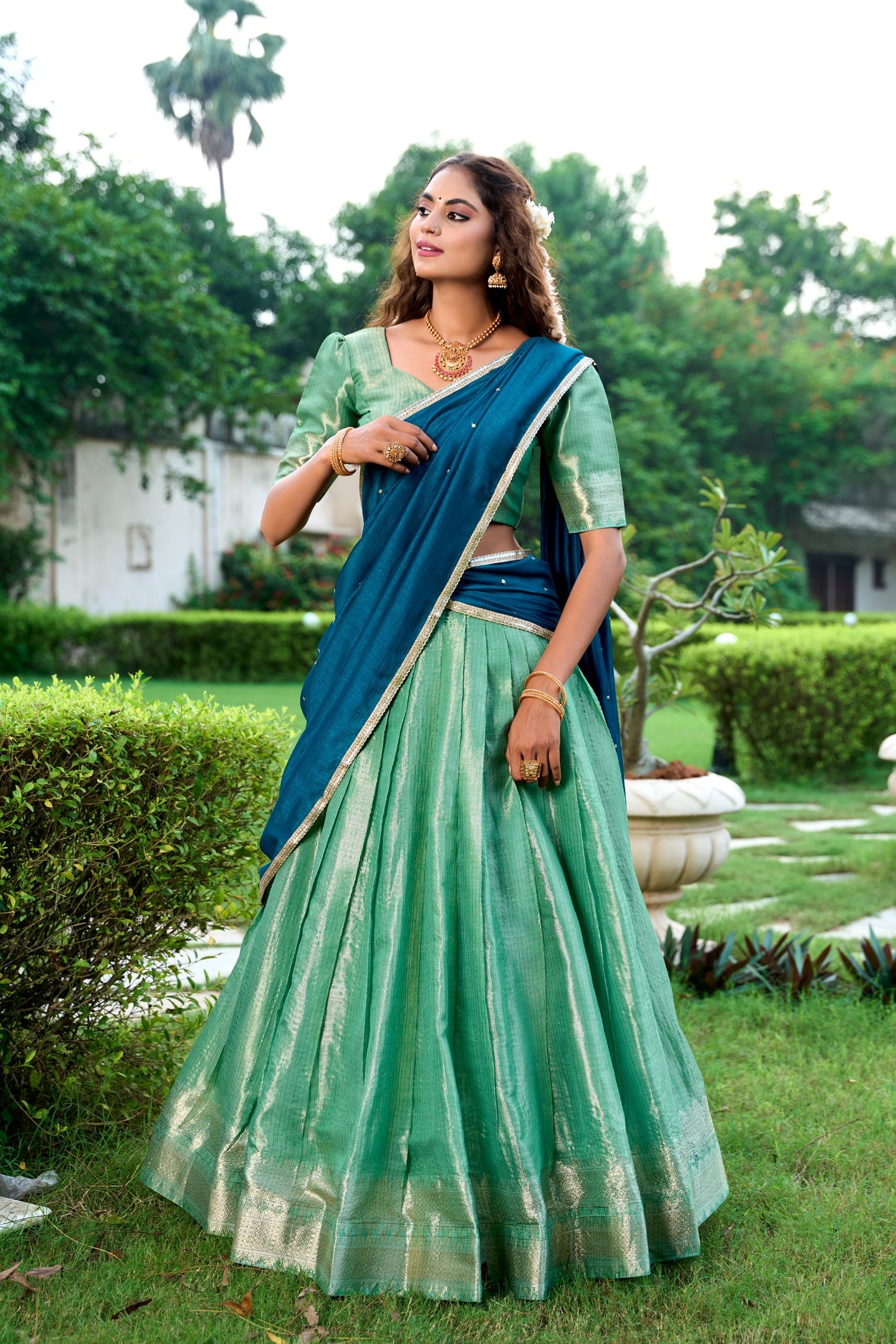 Introducing the exquisite Shivtraa Lehenga Collection, featuring the finest Kanchipuram weave beautifully styled for any festive occasion.