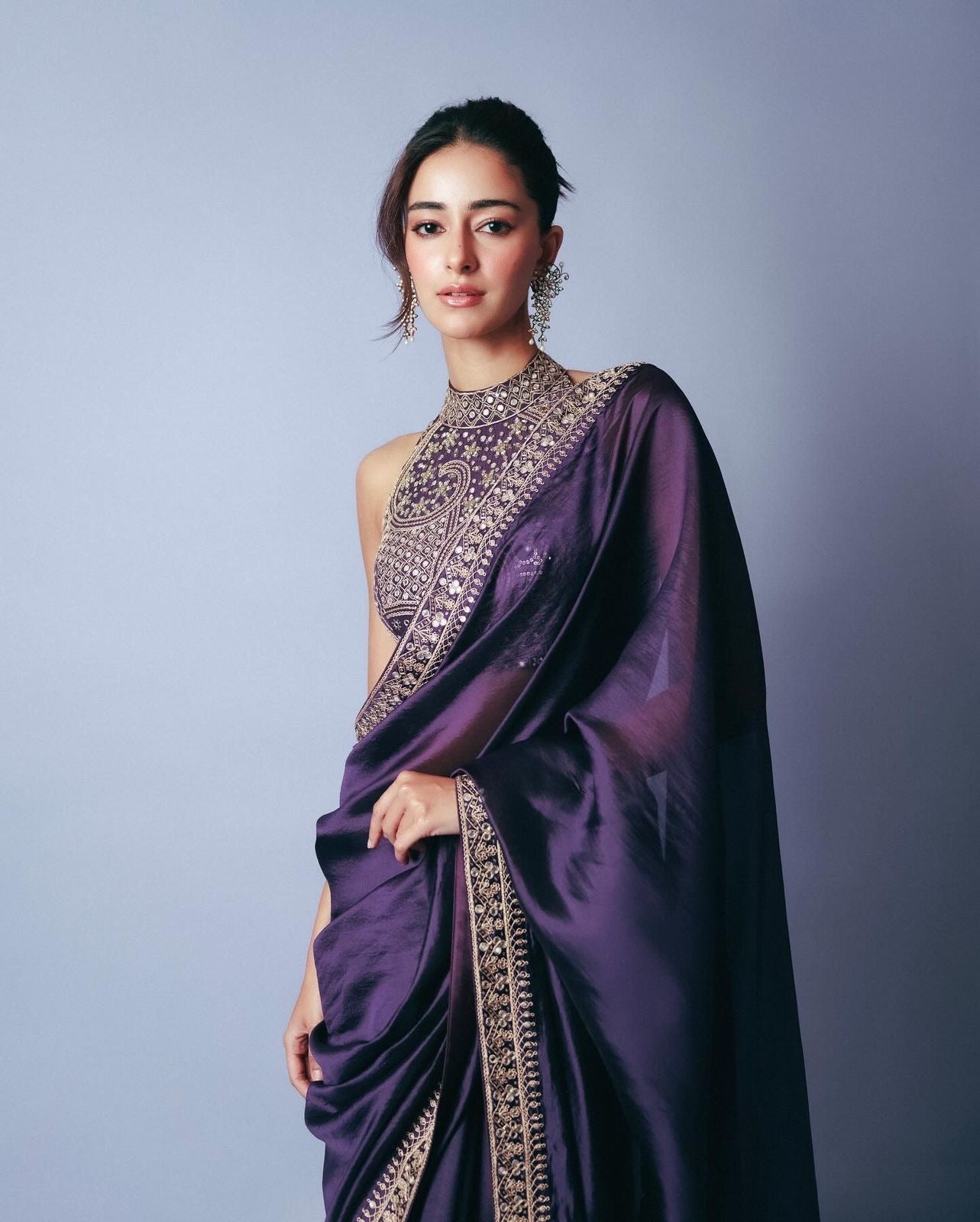 Ananya Pandey Starring Purple Worked Blouse & Sari Luxurious Feels To Wear