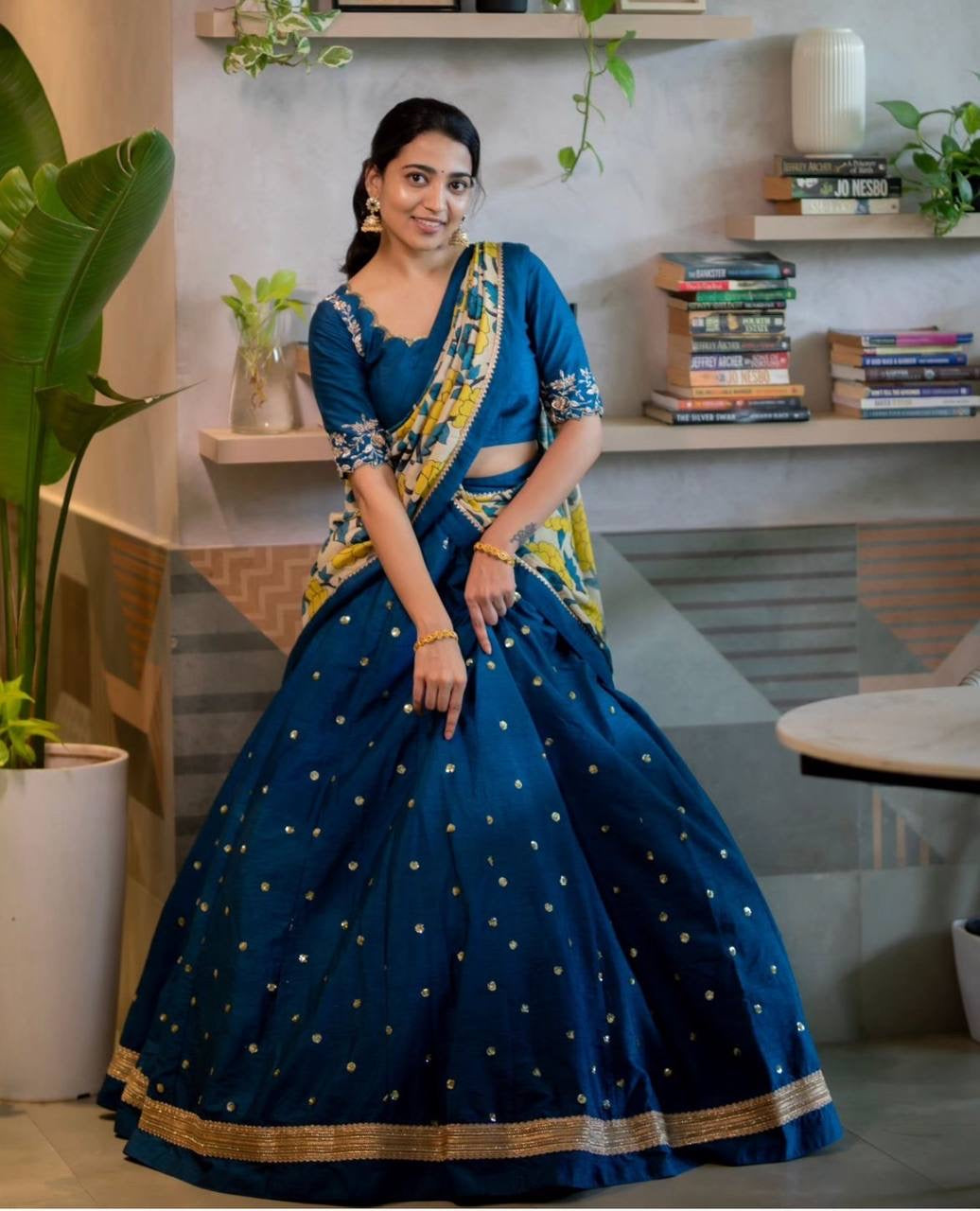 Shine Nebula Blue Wid Multi Kalamkari Print Lehenga Choli