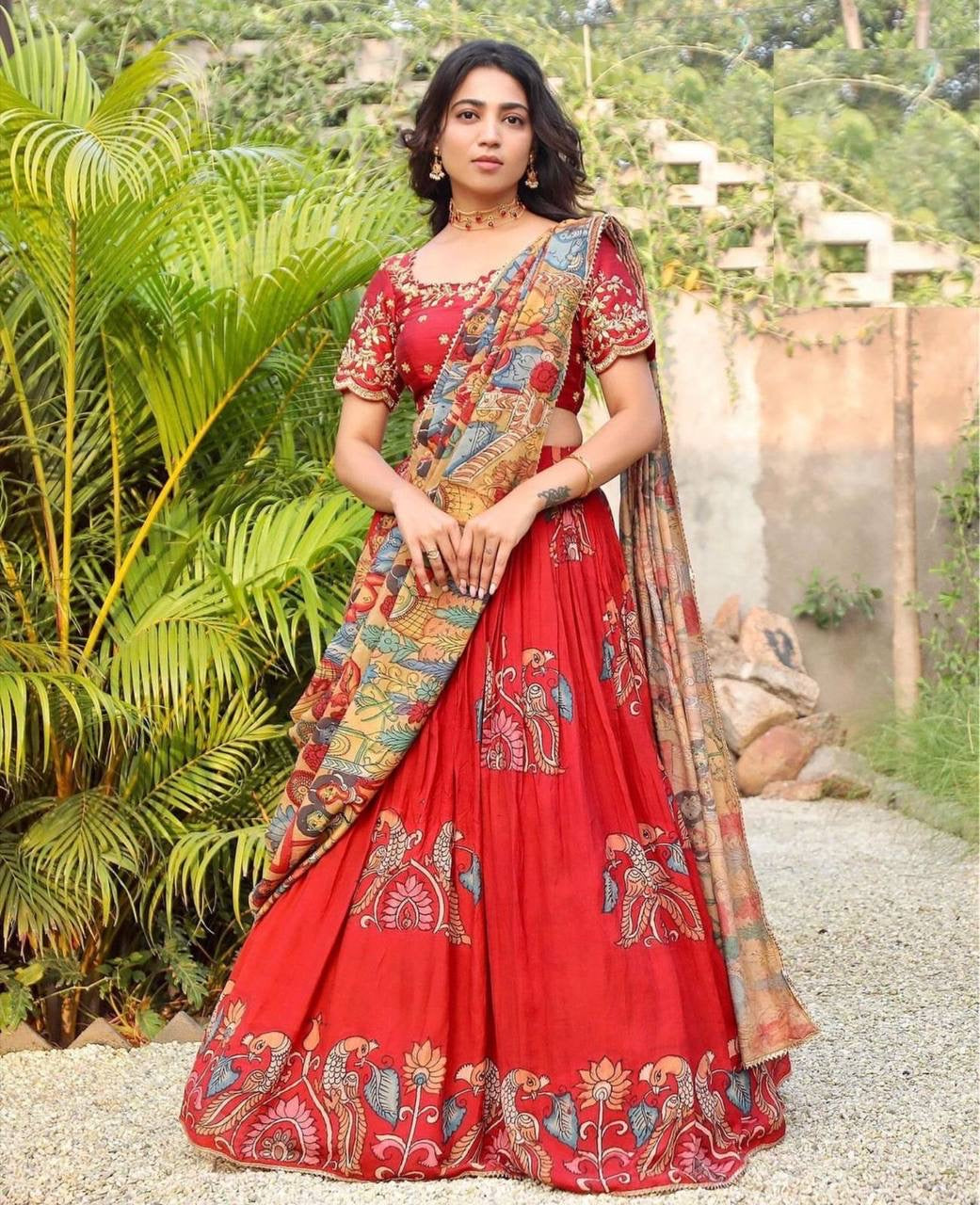 Tendi Red Wid Multi Kalamkari Print Lehenga Choli