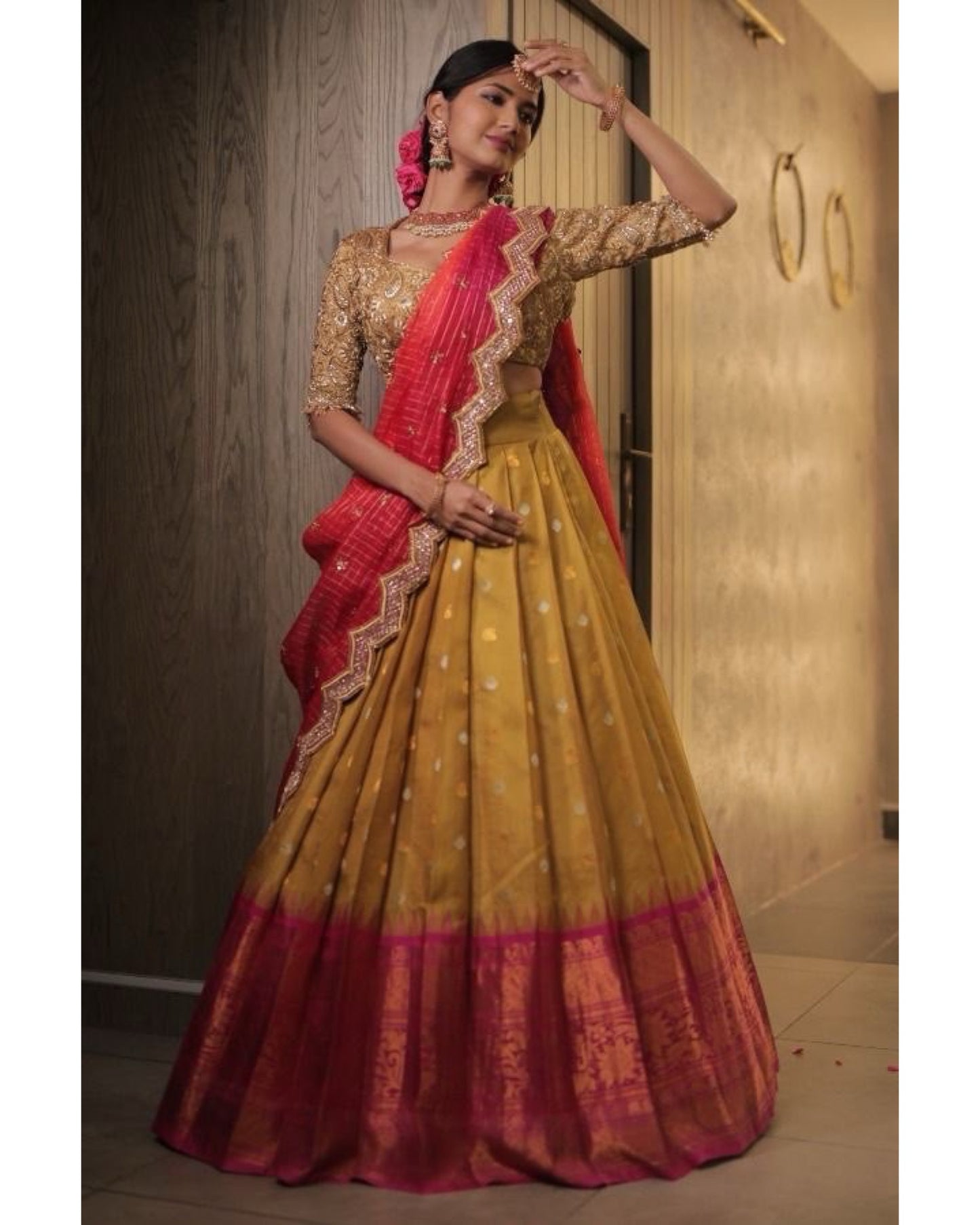 Musterd Red Combination Worked South Indian Designer Festival Lehenga Half Saree