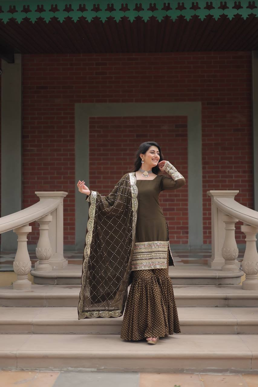 Introducing the SHIVTRAA LUX PREMIUM DESIGNER READYMADE TOP-SHARARA-DUPATTA COLLECTION!