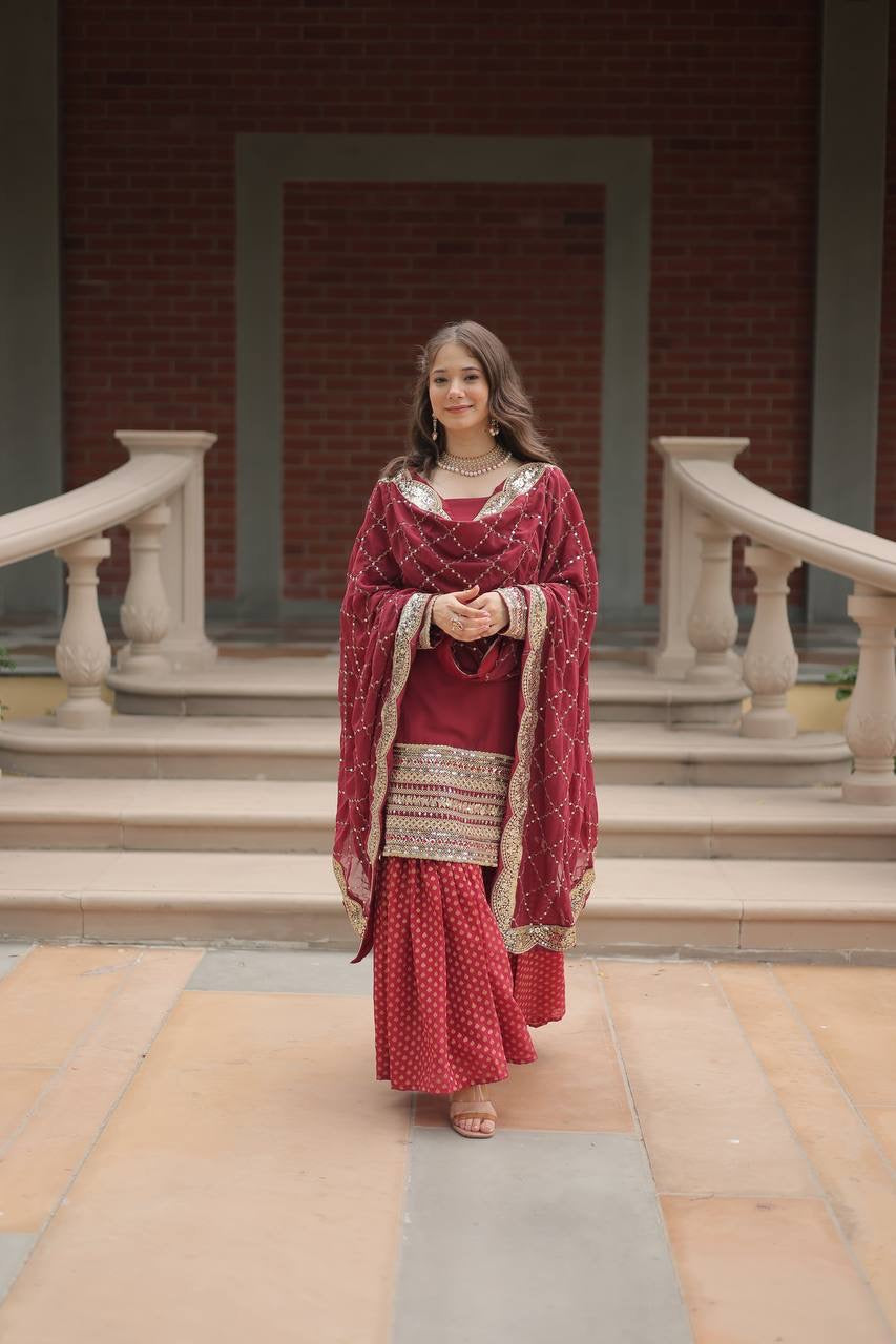 Introducing the SHIVTRAA LUX PREMIUM DESIGNER READYMADE TOP-SHARARA-DUPATTA COLLECTION!