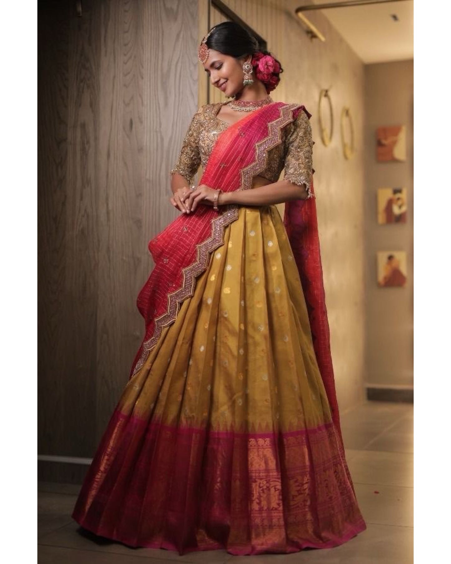 Musterd Red Combination Worked South Indian Designer Festival Lehenga Half Saree