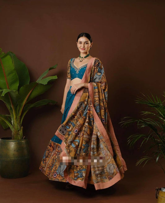 Nebula Blue Wid Multi Kalamkari Print Lehenga Choli