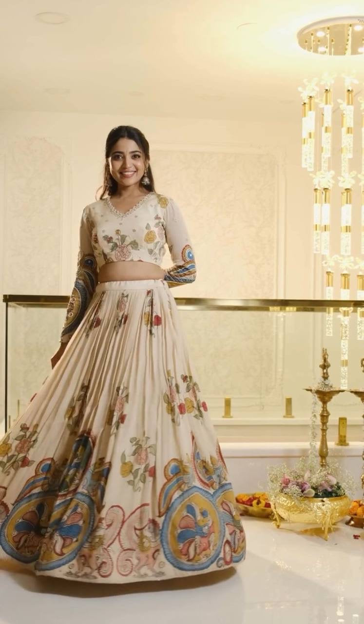 Pure Cream Wid Multi Kalamkari Print Lehenga Choli