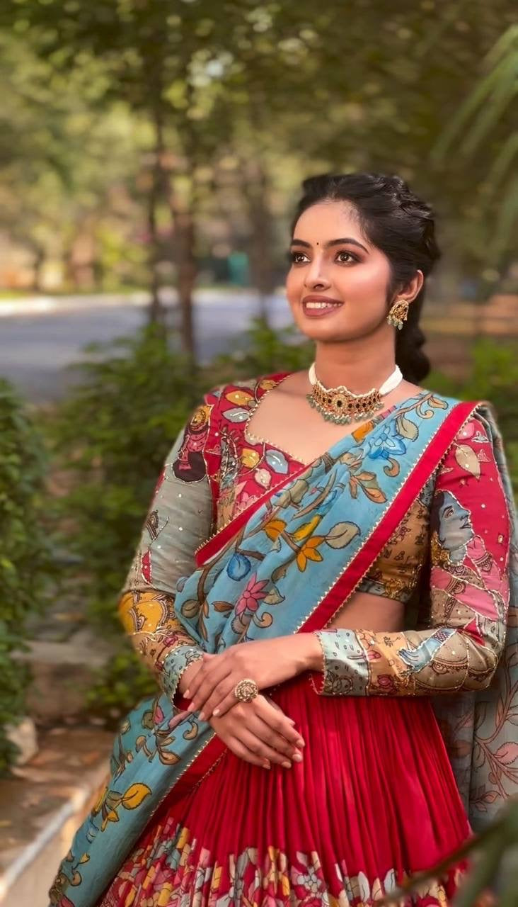 Shiny Maroon Kalamkari Printed Lehenga Choli