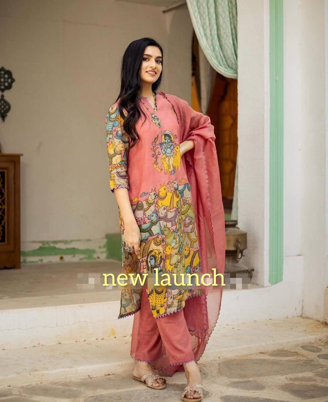 Peach Multi Kalamkari Print Stunning Festival Kurti 3 Piece Pair