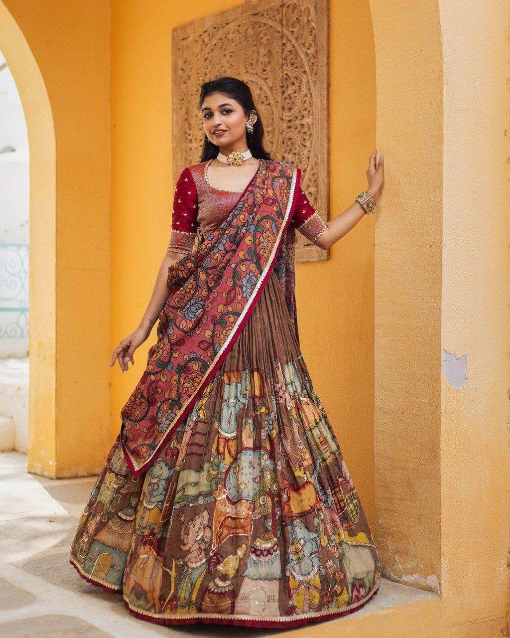 Chocolate Brown Kalamkari Print With Little Embroidery Works Lehenga Choli