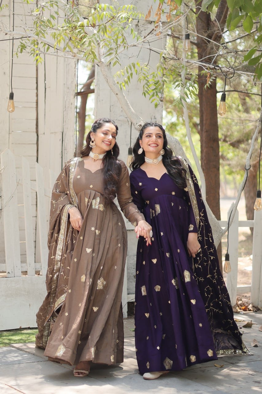 Modern Stylish Designer Worked Beige or Purple Two Gown with Rich Dupatta