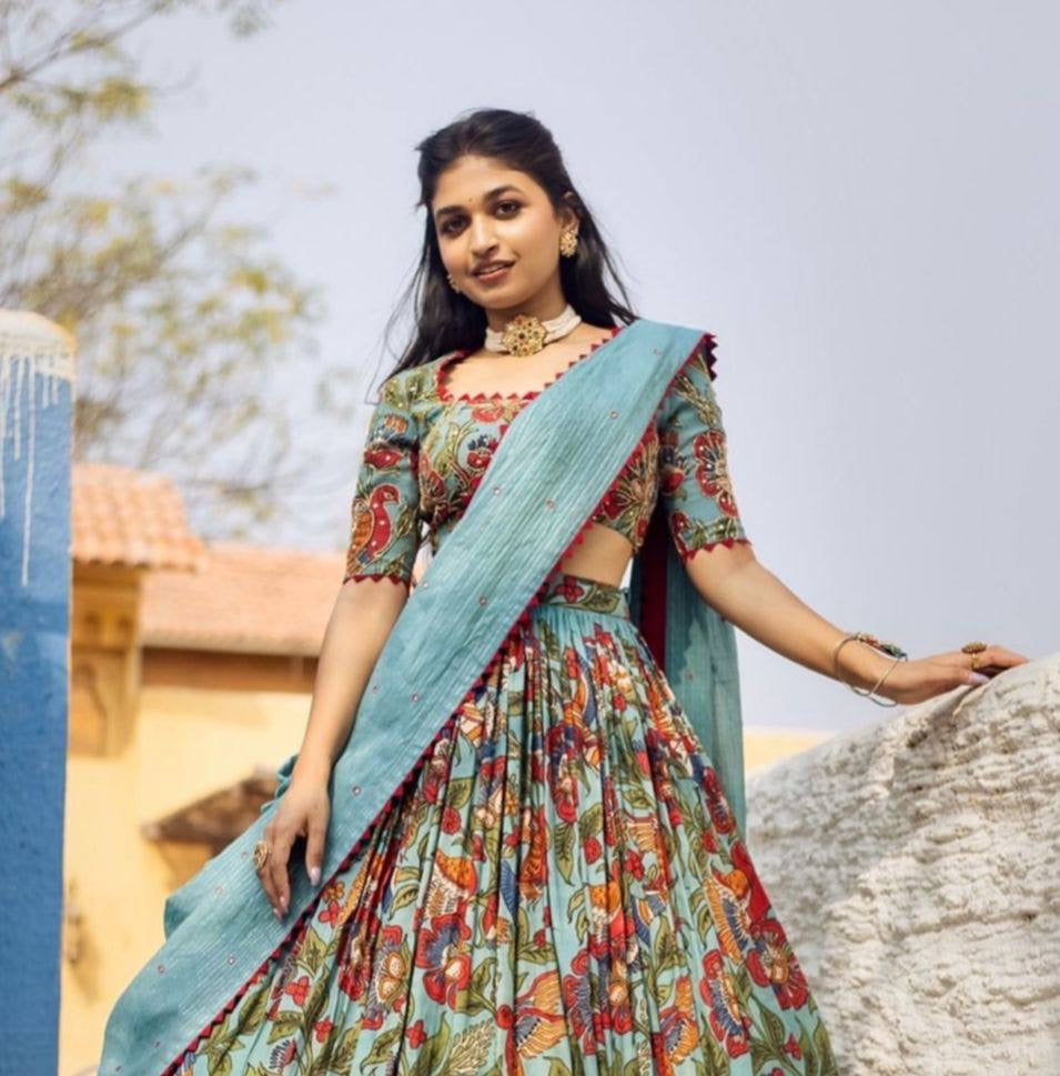 Shiny Teal  Kalamkari Print Lehenga Choli