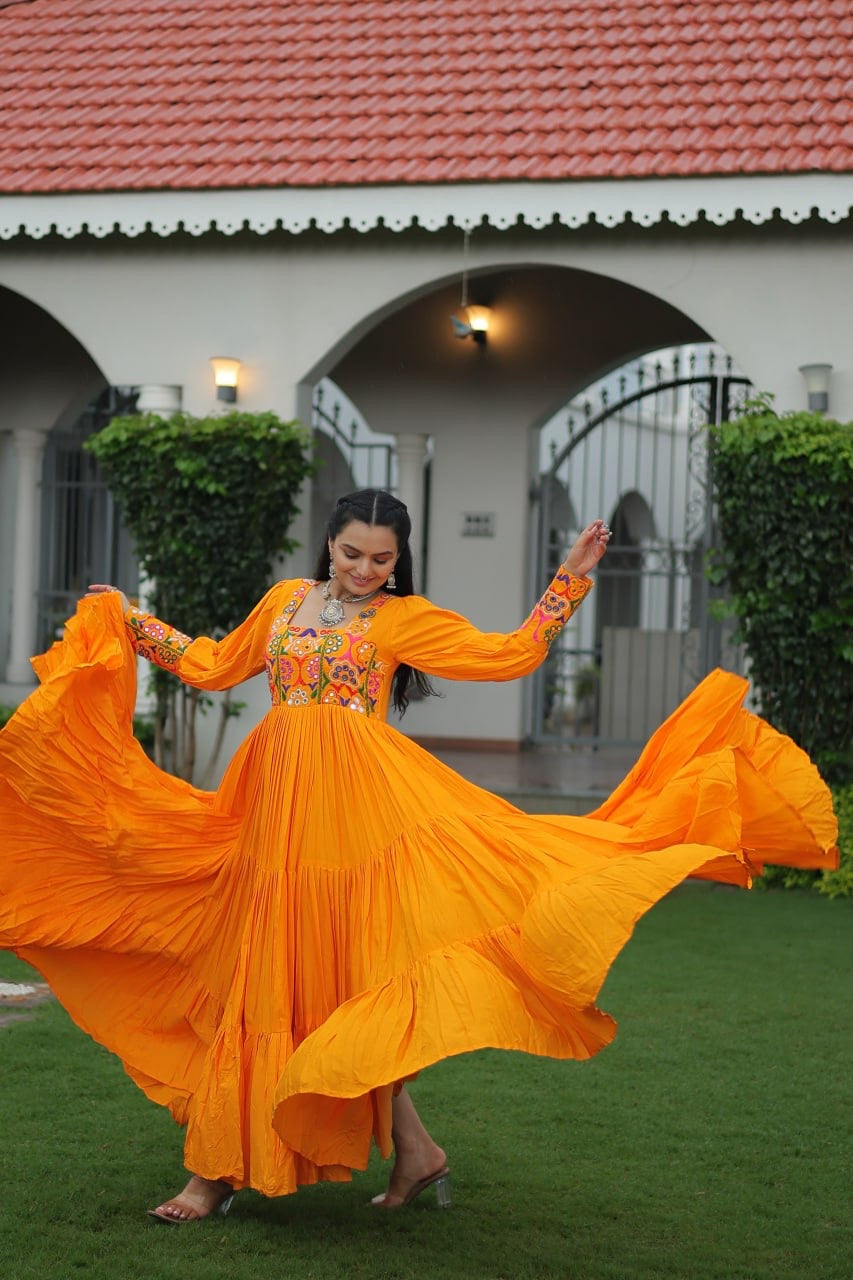 NAVRATRI DESIGNER MUSTERD GOWN COLLECTIONS FOR 2025 CELEBRATING GUJJUS GARBA