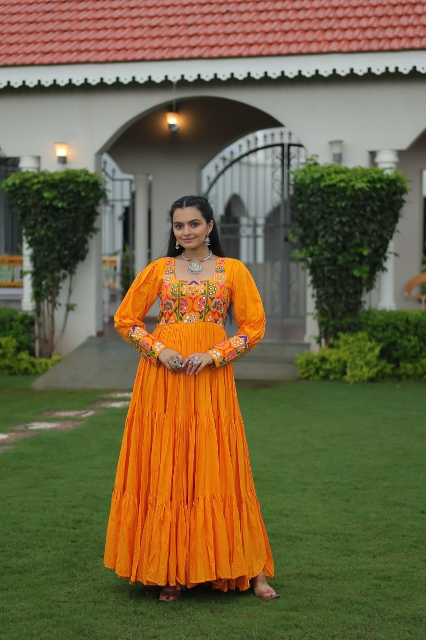 NAVRATRI DESIGNER MUSTERD GOWN COLLECTIONS FOR 2025 CELEBRATING GUJJUS GARBA