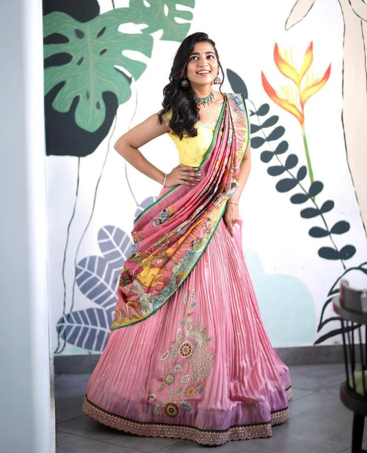 Baby Pink wid Multi Kalamkari Prints Lehenga Choli and Yellow Blouse Combination