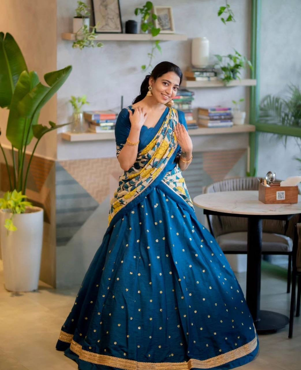 Shine Nebula Blue Wid Multi Kalamkari Print Lehenga Choli