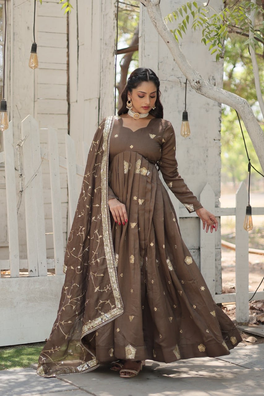 Modern Stylish Designer Worked Beige or Purple Two Gown with Rich Dupatta