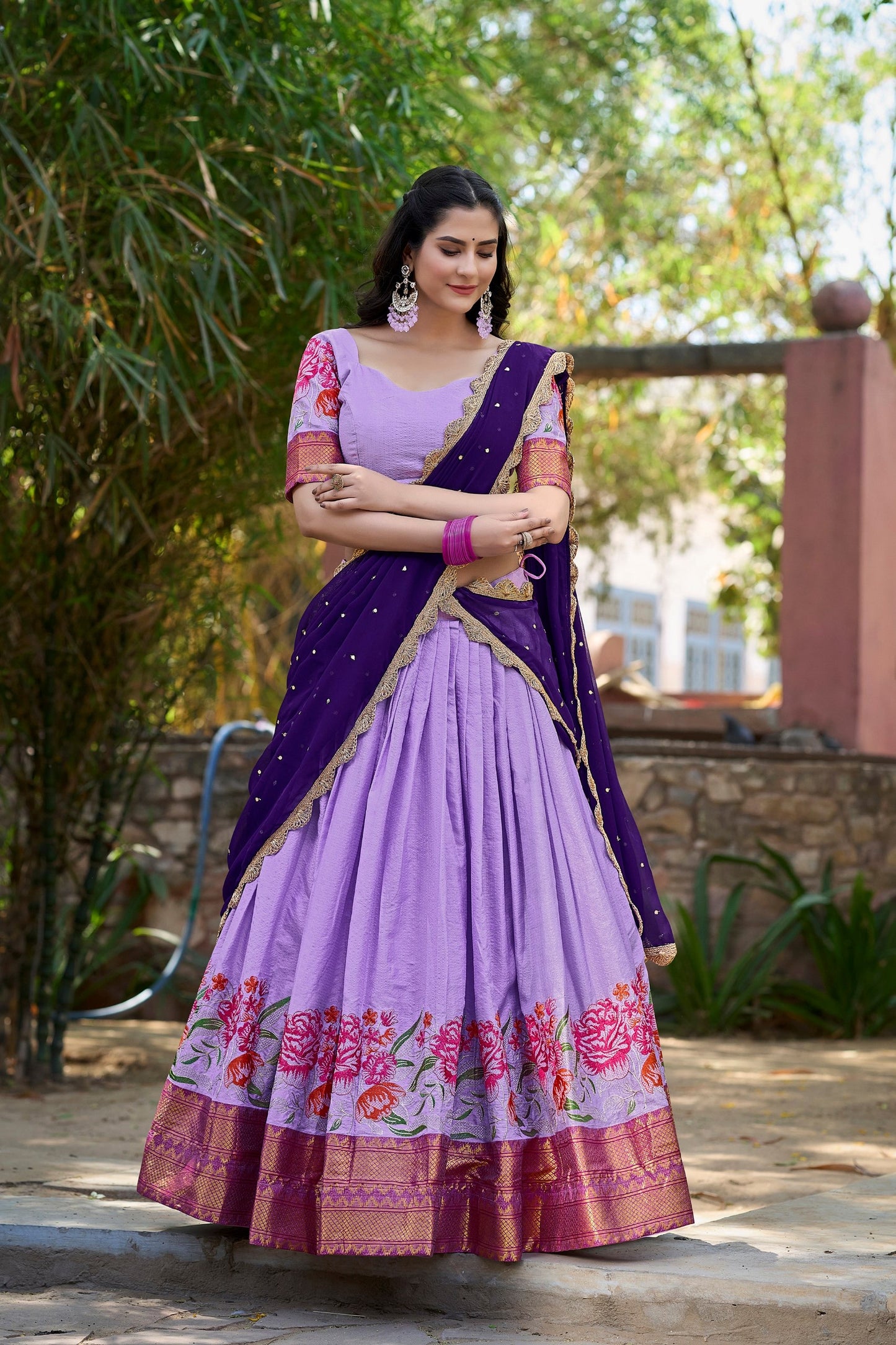 Ishaani Attention Stunning Cotton Silk Thread Embroidery Lehenga Choli Wid Drape Georgette Dupatta