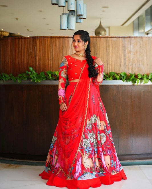 Rosy Red Multi Kalamkari Print Lehenga Choli