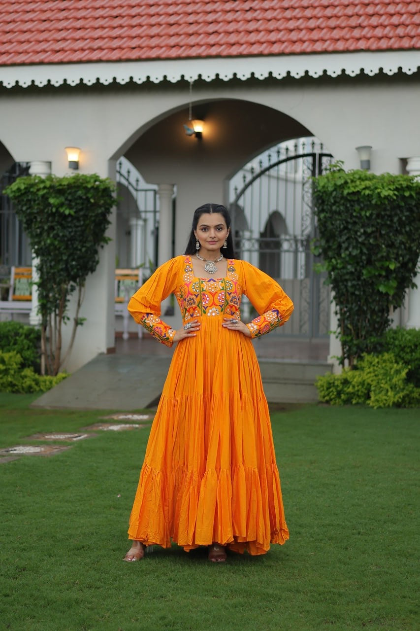 NAVRATRI DESIGNER MUSTERD GOWN COLLECTIONS FOR 2025 CELEBRATING GUJJUS GARBA