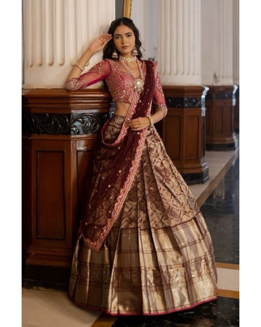 Golden Zari Weaved Worked South Indian Festival Occasion Lehenga Half Saree