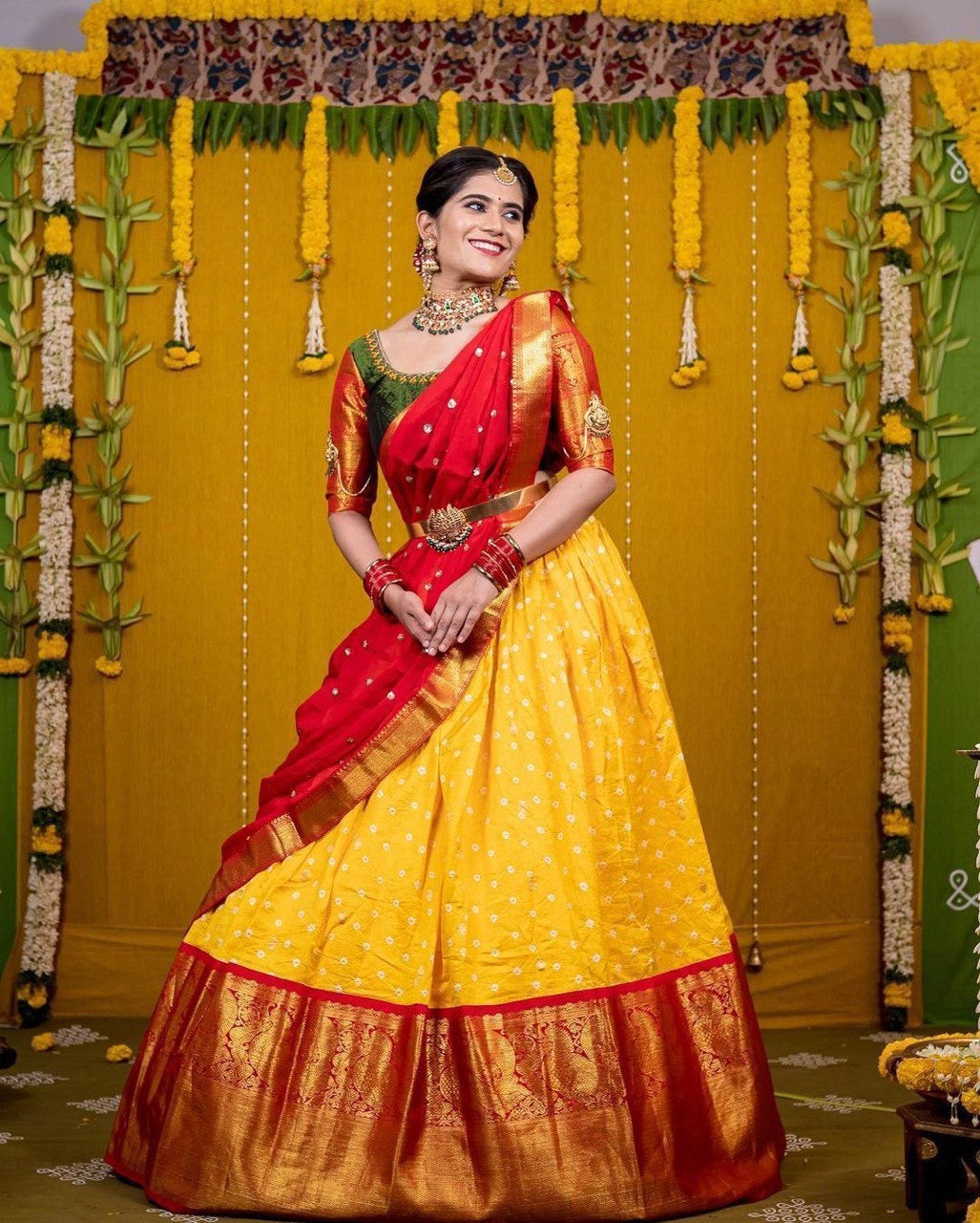 Functional Yellow Red Mehandi Combination Designer South Indian Festival Half Saree