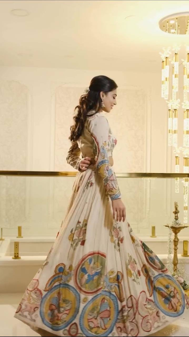 Pure Cream Wid Multi Kalamkari Print Lehenga Choli