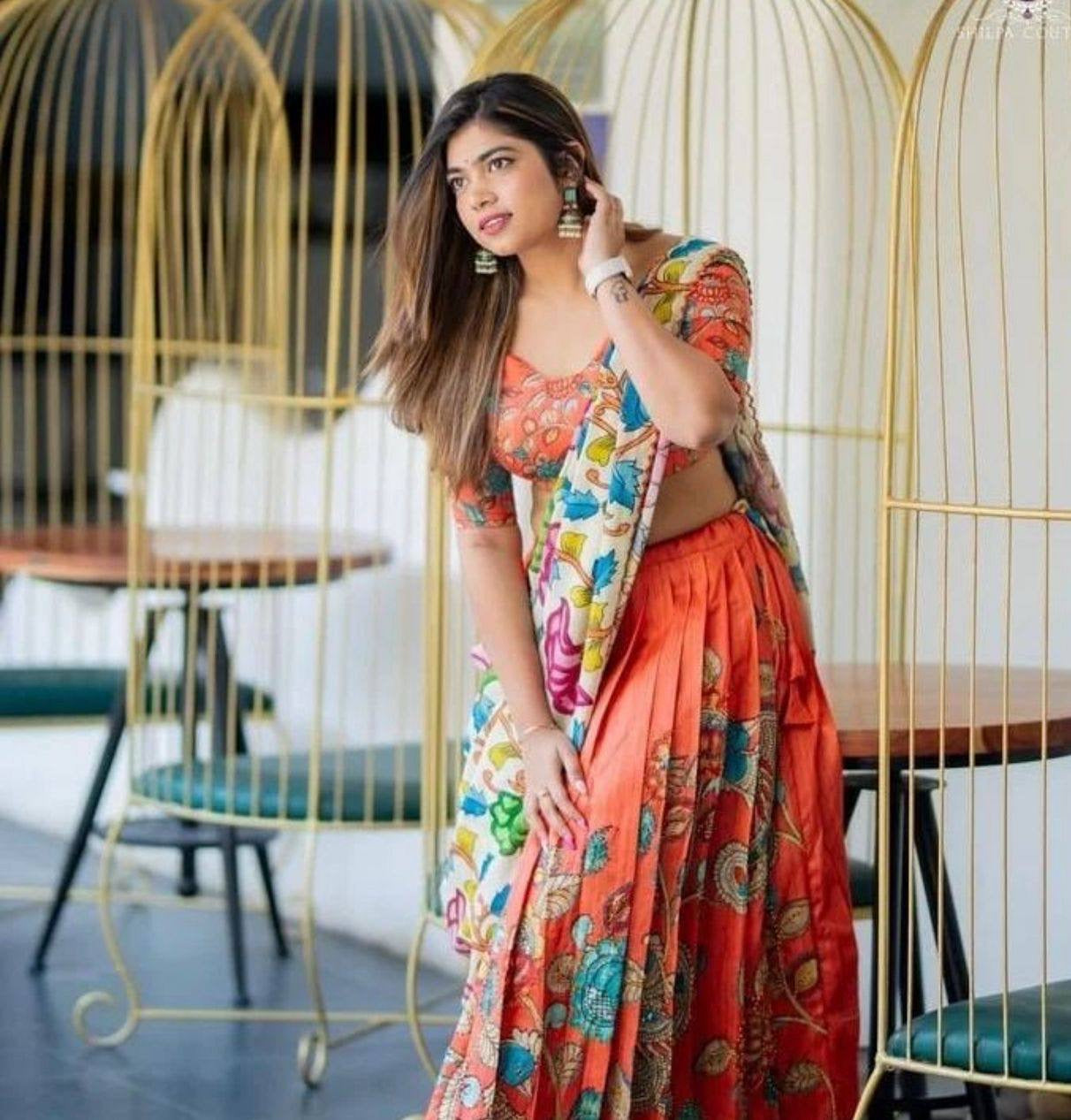 Orange Multi Kalamkari Print Lehenga Choli